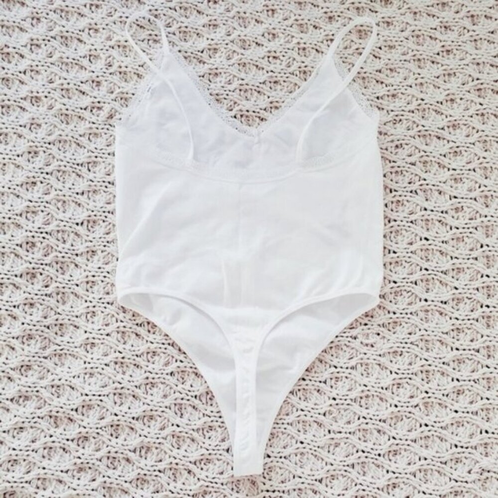 Forever 21 V Neck Strappy Thong Bodysuit Onesie- White